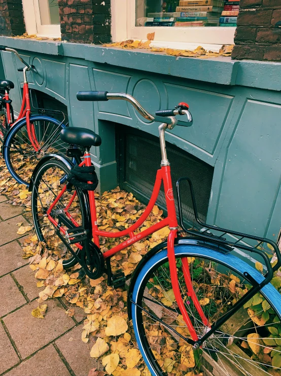 a row of bicycles parked in front of a building, red orange and yellow leaves, red blue theme, profile image