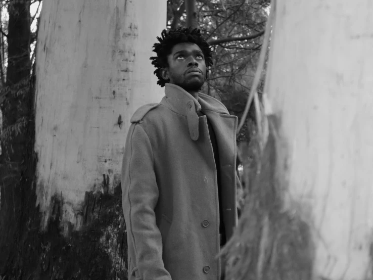 a man standing next to a tree in a forest, an album cover, inspired by Xanthus Russell Smith, pexels, renaissance, grey turtleneck coat, black man with afro hair, he is wearing a trenchcoat, grayscale