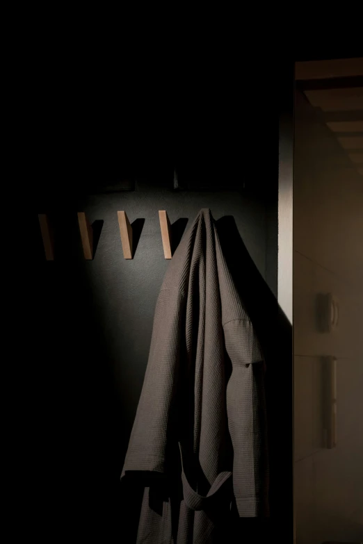 a coat hanging on a hook in a dark room, inspired by Georges de La Tour, john pawson, muted brown, dark grey robes, sconces