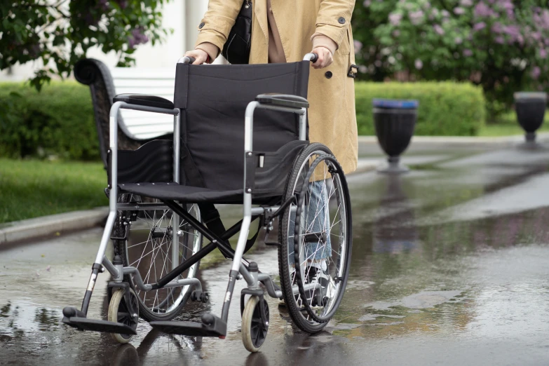 a woman pushing a wheelchair in the rain, shutterstock, hurufiyya, blocked drains, lush surroundings, high resolution image, paisley