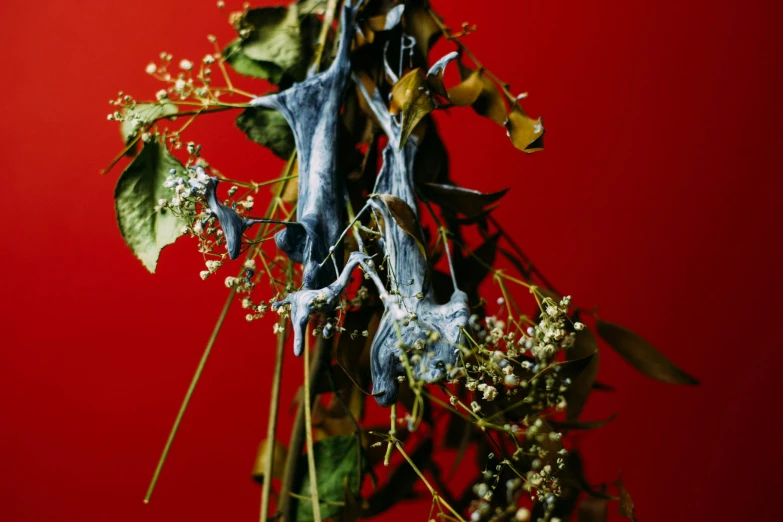 a bunch of dried flowers against a red background, vines and blue foliage, in its dying breath, angel's trumpet, dezeen