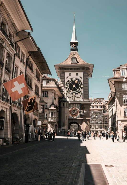 a large clock tower towering over a city street, inspired by Karl Stauffer-Bern, pexels contest winner, 256x256, full sun, medieval gates, swiss modernizm