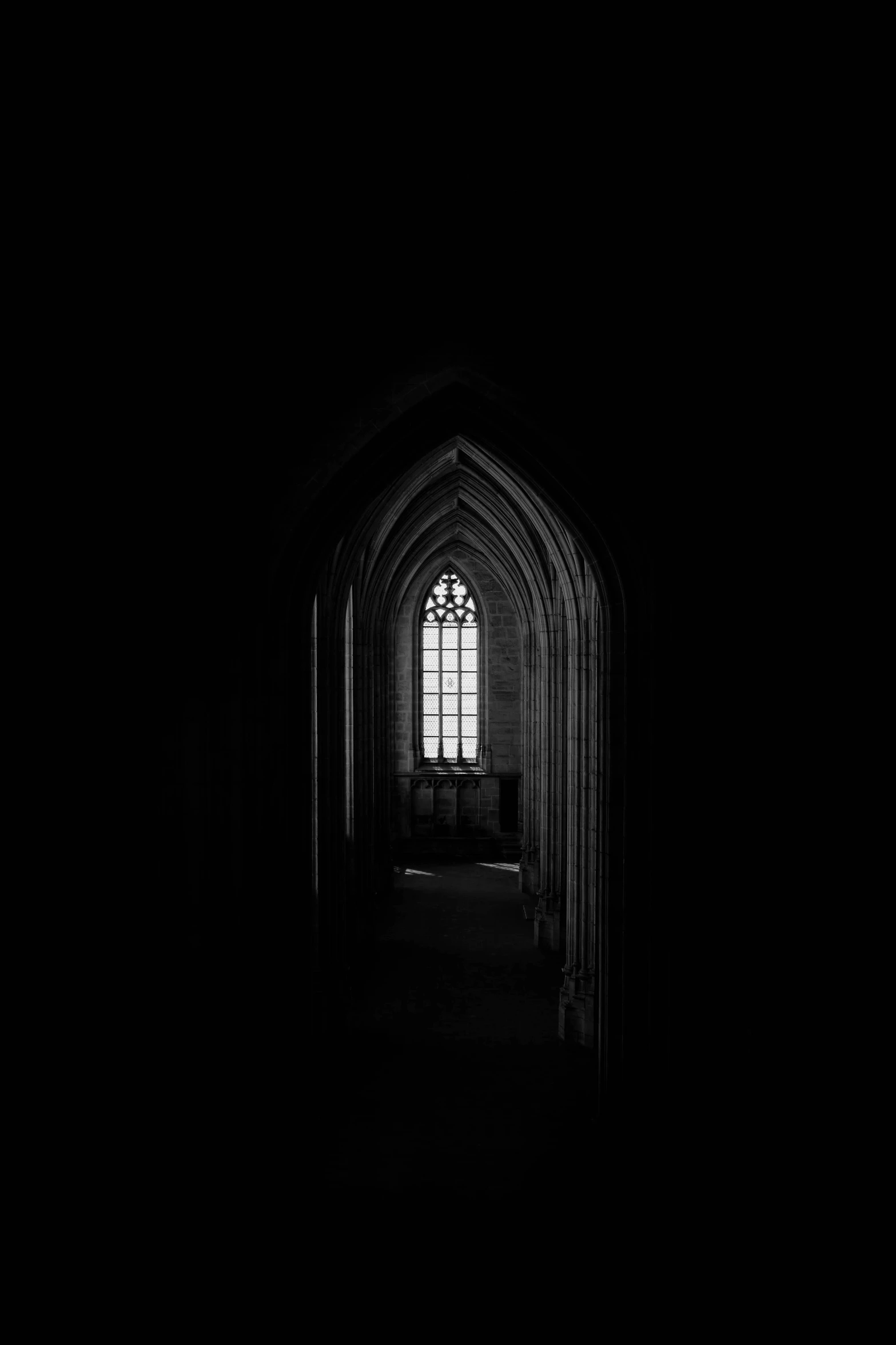 a black and white photo of a window in a building, unsplash contest winner, gothic art, inside an epic gothic castle, in dark corridor, full of glass. cgsociety, minimal