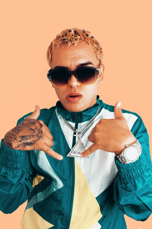 a close up of a person wearing a jacket and sunglasses, an album cover, tatoos, wearing a track suit, joel fletcher, asian man