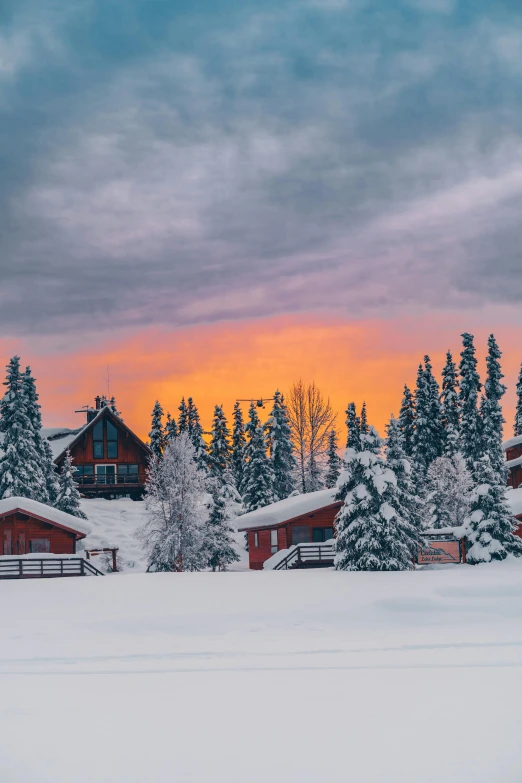 a couple of houses sitting on top of a snow covered field, during a sunset, bright nordic forest, 2019 trending photo, alaska