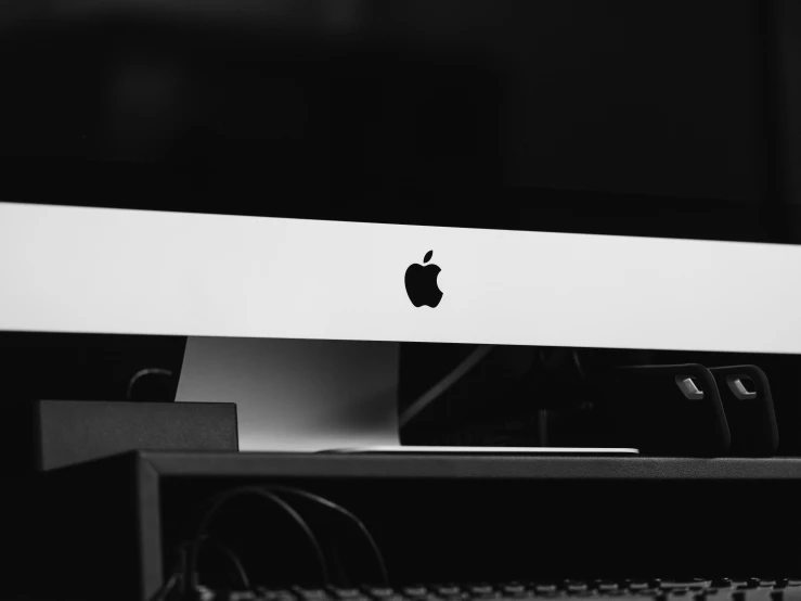 a computer monitor sitting on top of a desk, by Niko Henrichon, pexels, apple logo, white and black, textless, maintenance photo