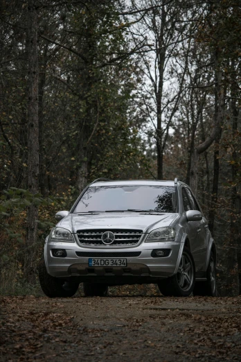 a car driving down a dirt road in the woods, mercedez benz, shiny silver, portrait shot 8 k, low quality photo