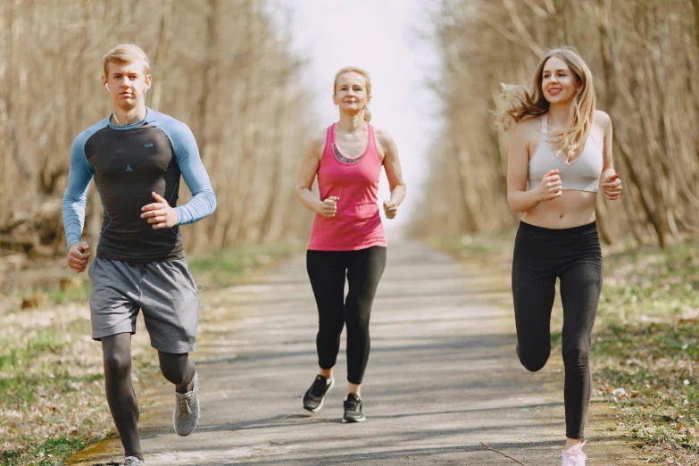 a group of people running down a road, cottagecore!! fitness body, profile image, background image, ekaterina