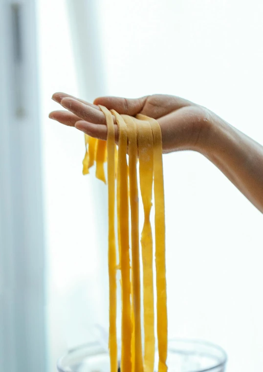 a person holding some noodles in their hand, by Nicolette Macnamara, trending on pexels, renaissance, curtain bangs, made of lab tissue, wide ribbons, hanging veins