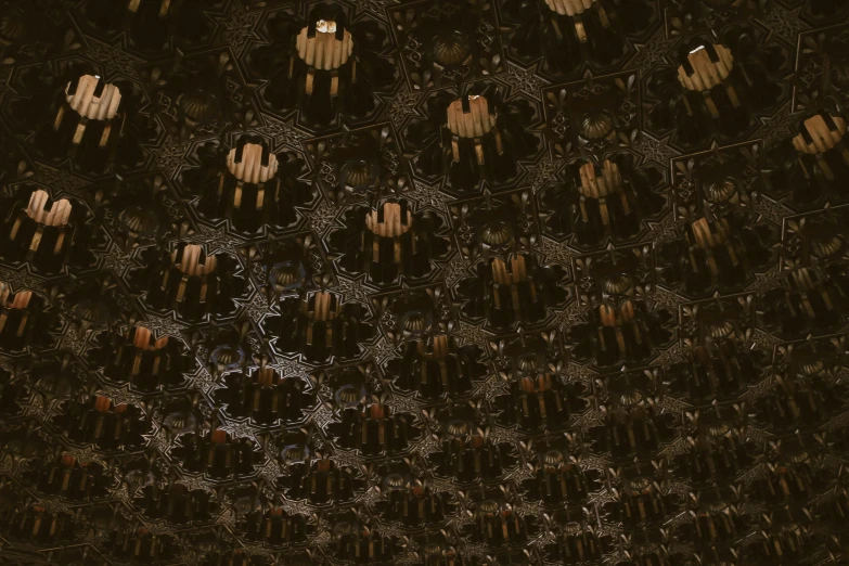 a ceiling filled with lots of bottles of wine, by Carey Morris, unsplash, baroque, made of ferrofluid, seville, bats, brown atmospheric lighting