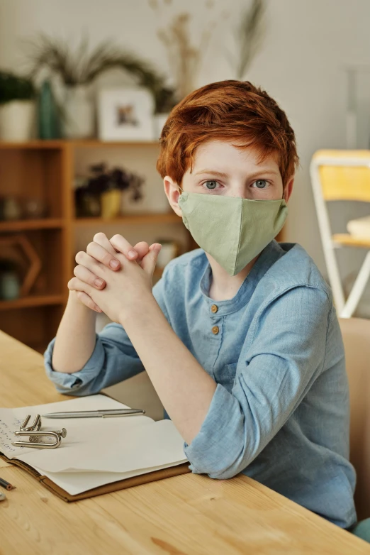 a woman sitting at a table wearing a face mask, a portrait, shutterstock, red haired teen boy, looking towards the camera, hand on table, with a pointed chin