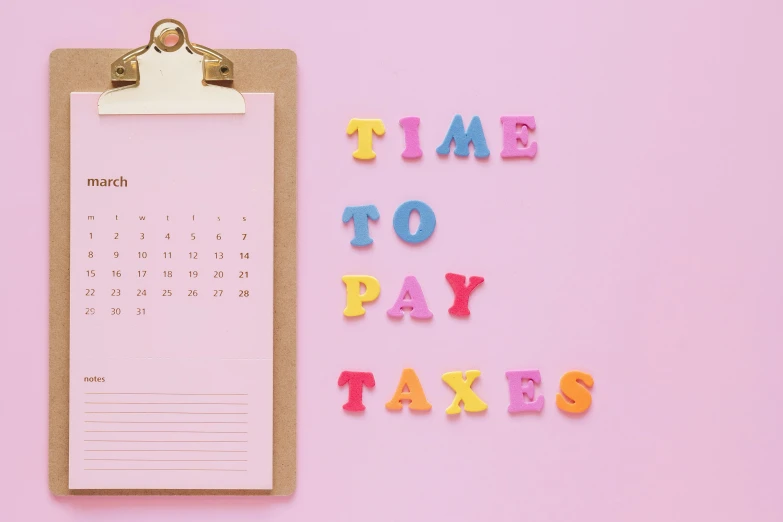 a clipboard with the words time to pay tax written on it, by Julia Pishtar, mingei, pink pastel, thumbnail, advertising photo, a brightly coloured