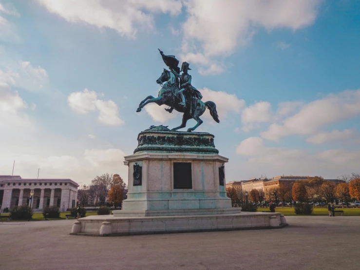 a statue of a man on a horse in front of a building, pexels contest winner, neoclassicism, park in background, square, cavalry, video