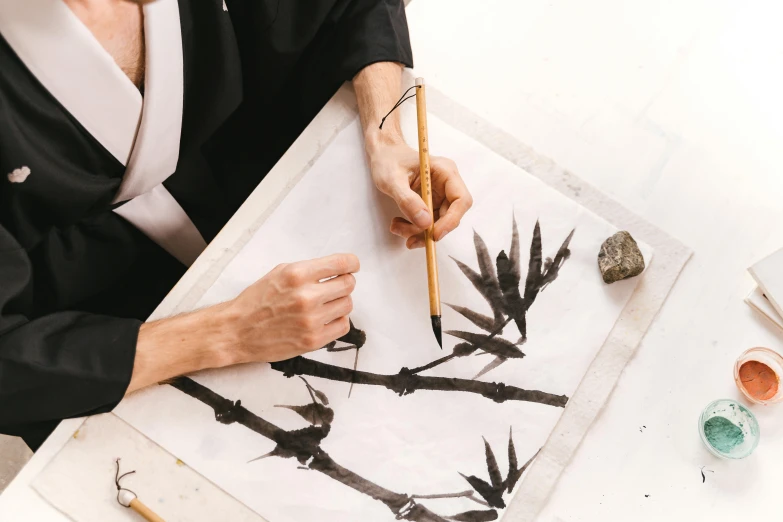 a woman sitting at a table painting on a piece of paper, inspired by Tani Bunchō, trending on pexels, black ink on white background, professional picture, carefully crafted, flatlay