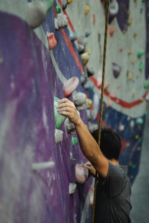 a man climbing up the side of a rock wall, trending on pexels, purple and green, indoor, bulky build, covered in