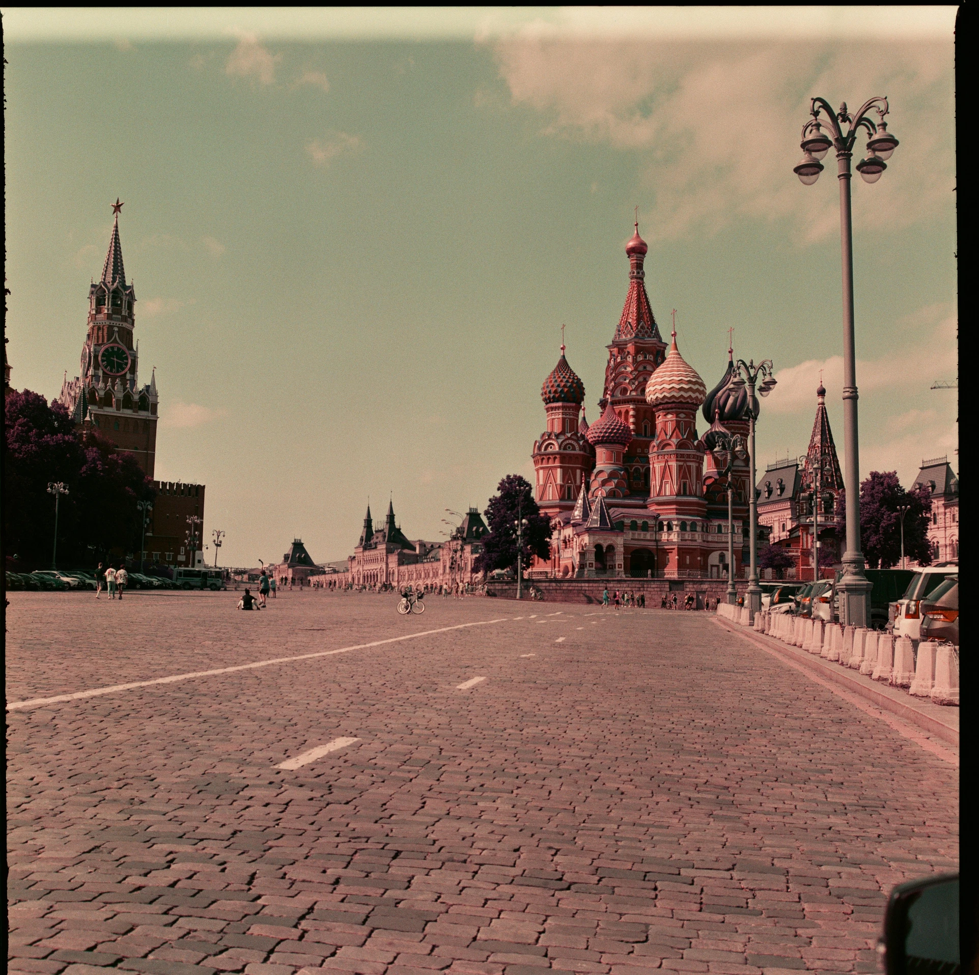 an old photo of the red square in moscow, an album cover, unsplash, socialist realism, hasselblad medium format, pink, color image