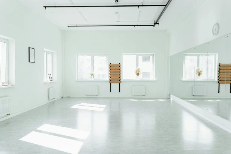 a room that has some mirrors in it, by Emma Andijewska, unsplash, light and space, sitting in an empty white room, фото девушка курит, dance, alvar aalto