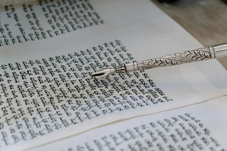 a pen sitting on top of an open book, art & language, silver，ivory, sukkot, silver jewellery, multiple stories