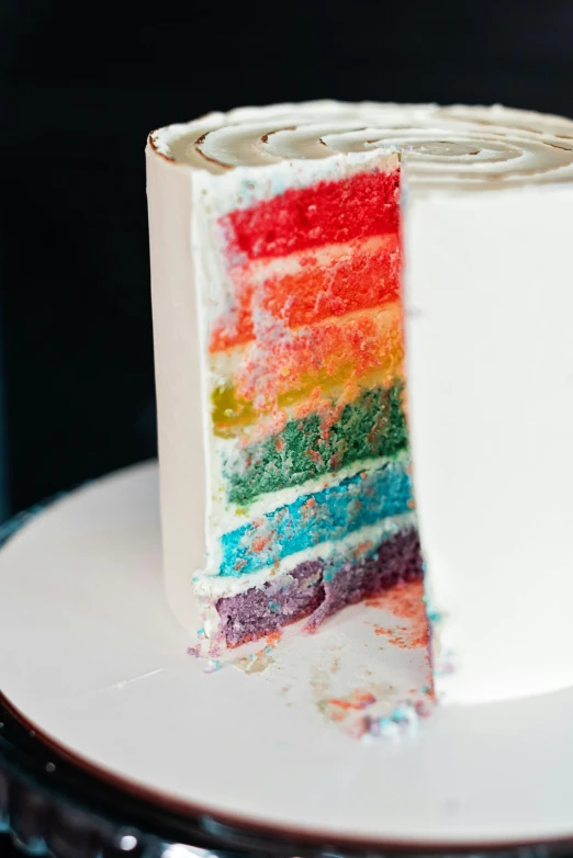 a close up of a slice of cake on a plate, by Winona Nelson, color field, rainbows, layers on layers on layers, covered in white flour, tall