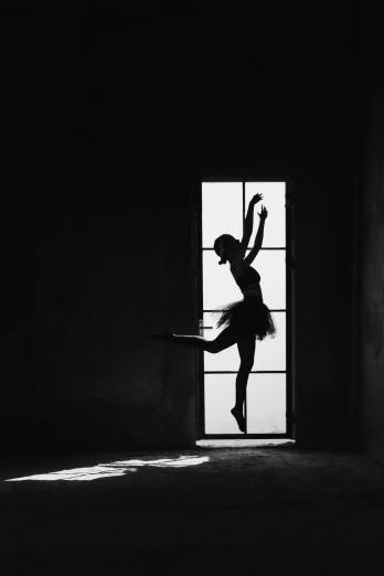 a black and white photo of a ballerina, unsplash contest winner, arabesque, about to enter doorframe, silhouette!!!, фото девушка курит, large)}]