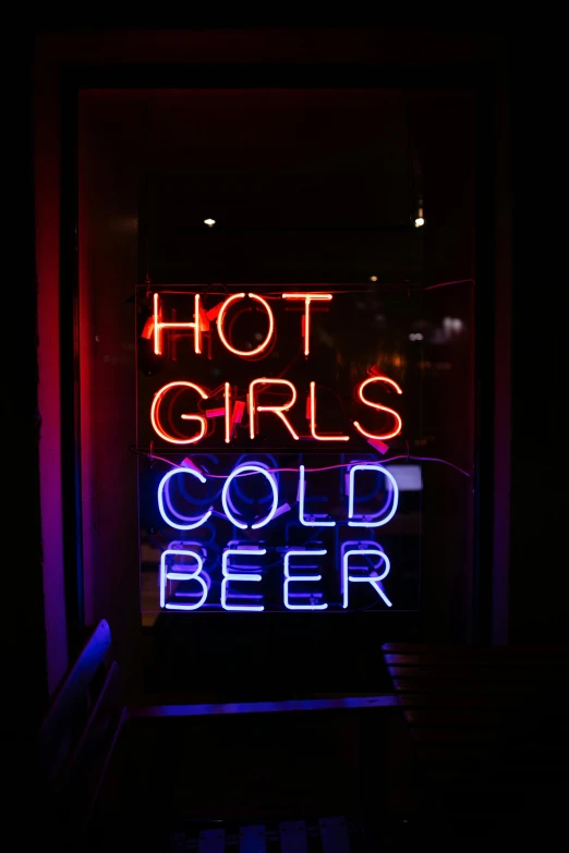 a neon sign that says hot girls cold beer, inspired by Nan Goldin, trending on unsplash, high quality photo, cold winter, multiple stories, ((neon colors))