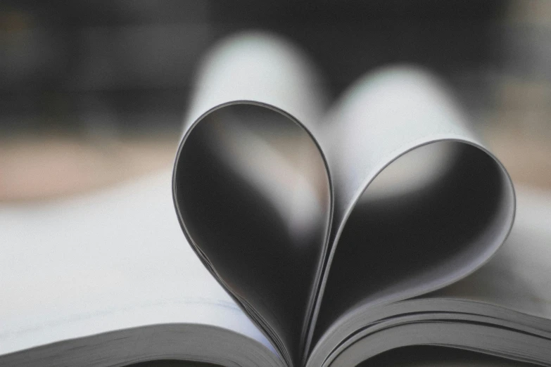 an open book with a heart cut out of it, pexels contest winner, sleek spines, desaturated, cute photograph, thumbnail