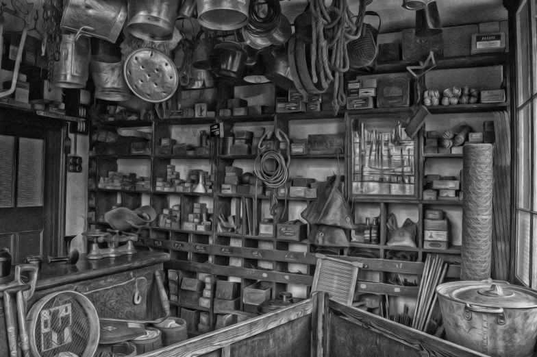 a black and white photo of a kitchen with pots and pans hanging from the ceiling, pixabay contest winner, precisionism, a steampunk store, standing in his cluttered garage, photoshop, edward weston and gustave doré