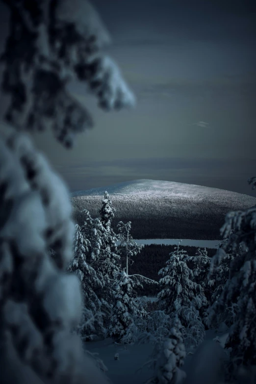 snow covered trees and a building in the background, a tilt shift photo, inspired by Michal Karcz, lapland, giant crater in distance, fujifilm”, midnight-blue