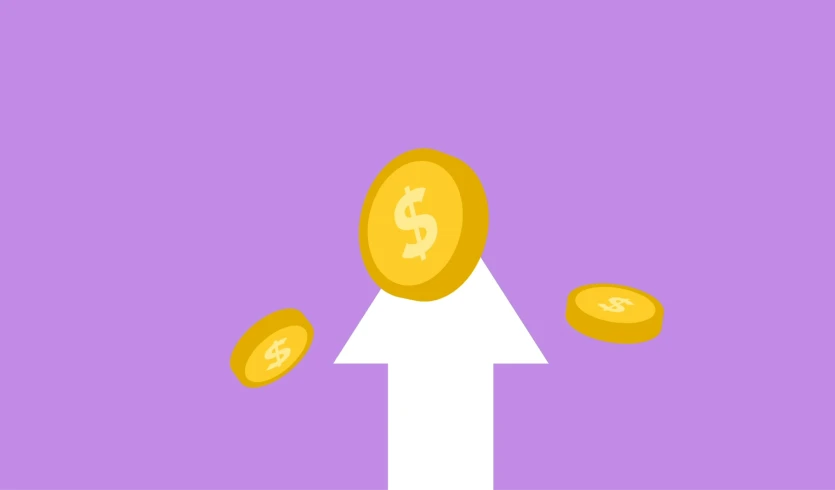 an arrow with dollar coins coming out of it, a screenshot, purple and gold color scheme, cartoon illustration, tilt up angle, minimalist illustration