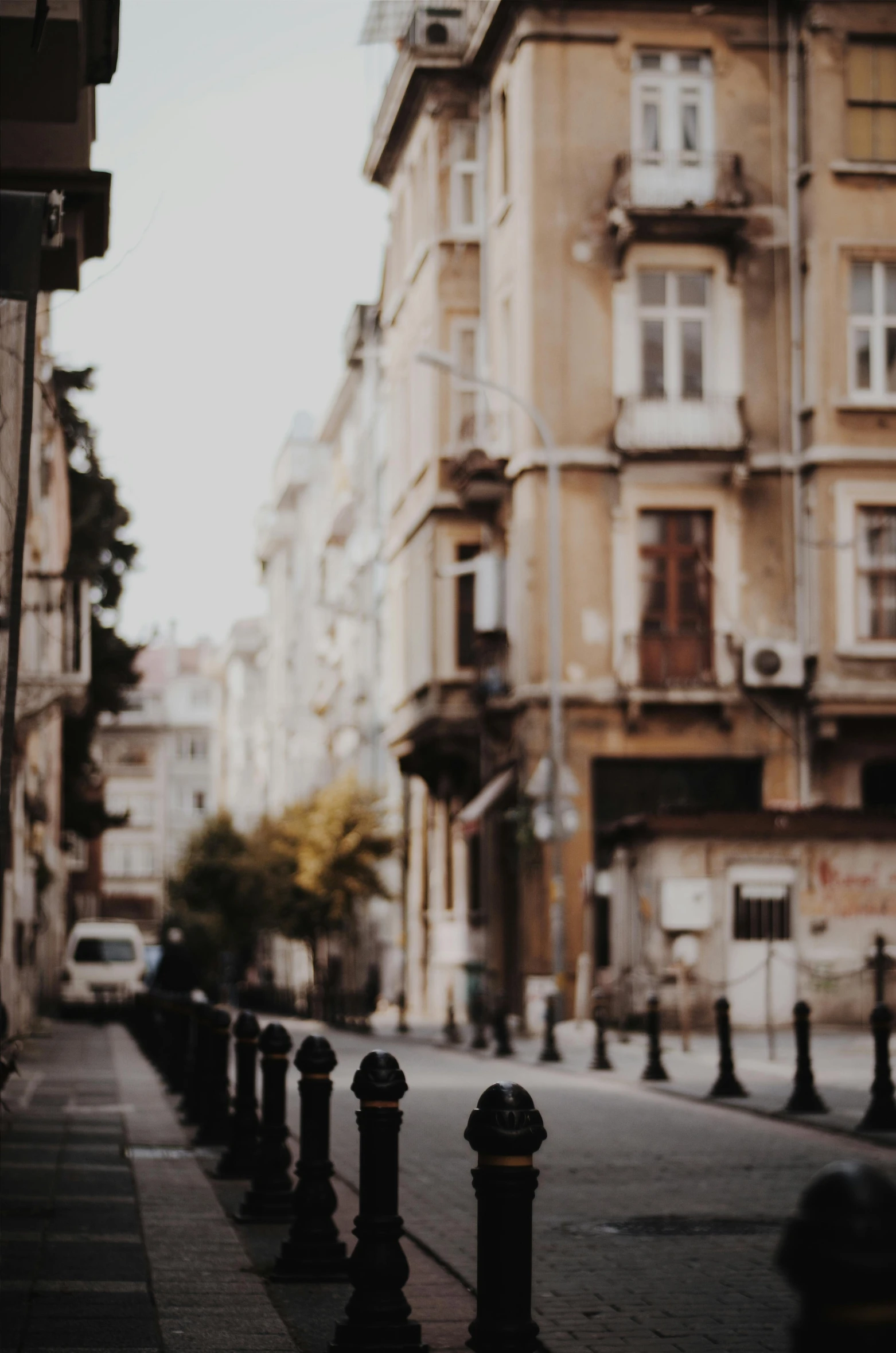 a black fire hydrant sitting on the side of a street, a picture, by Lucia Peka, pexels contest winner, renaissance, buildings in the distance, fallout style istanbul, soft morning light, brown