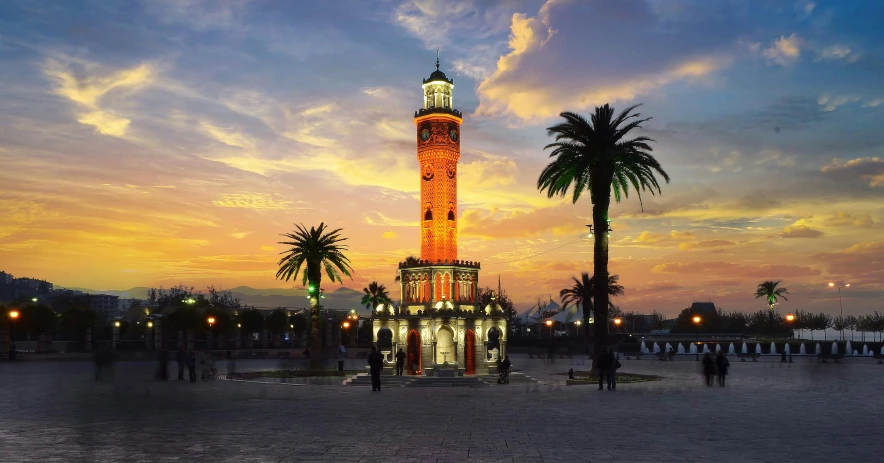 a clock tower with palm trees in front of it, by Abdullah Gërguri, art nouveau, orange and cyan lighting, turkey, square, topaz ai