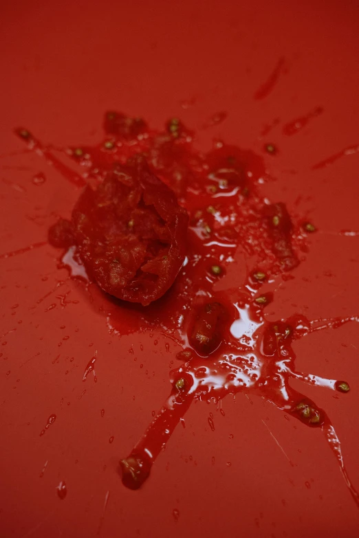 a piece of meat sitting on top of a red plate, inspired by Lucio Fontana, process art, blood droplets, silicone skin, video still, tiny crimson petals falling