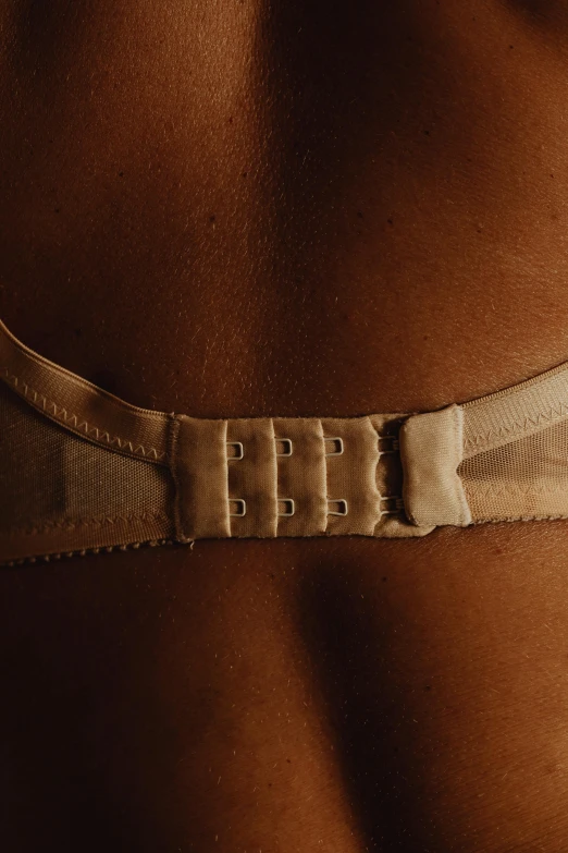 a close up of a person wearing a bra, brown:-2, bump map, bra strap, low density