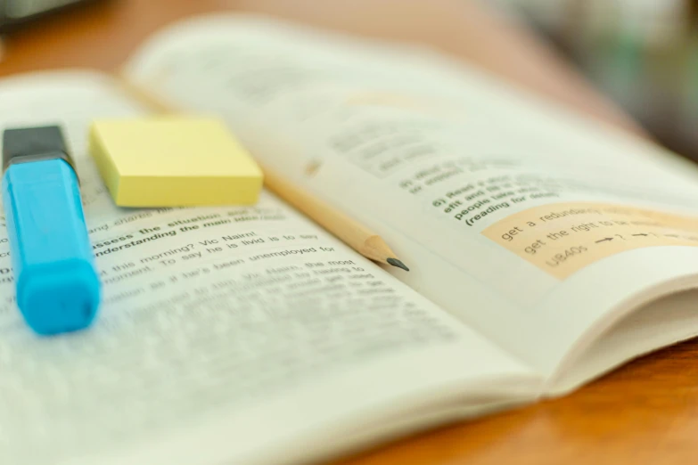 an open book sitting on top of a wooden table, by Daniel Lieske, unsplash, ink on post it note, yellow tint, biology textbook page, pencil