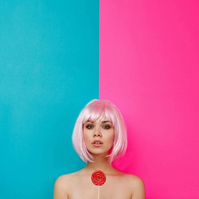 a woman with pink hair and a lollipop lollipop lollipop lollipop lollipop lollipop lollipop, an album cover, inspired by Elsa Bleda, trending on pexels, pop art, wearing choker, perfect symmetrical image, color block, with a bob cut