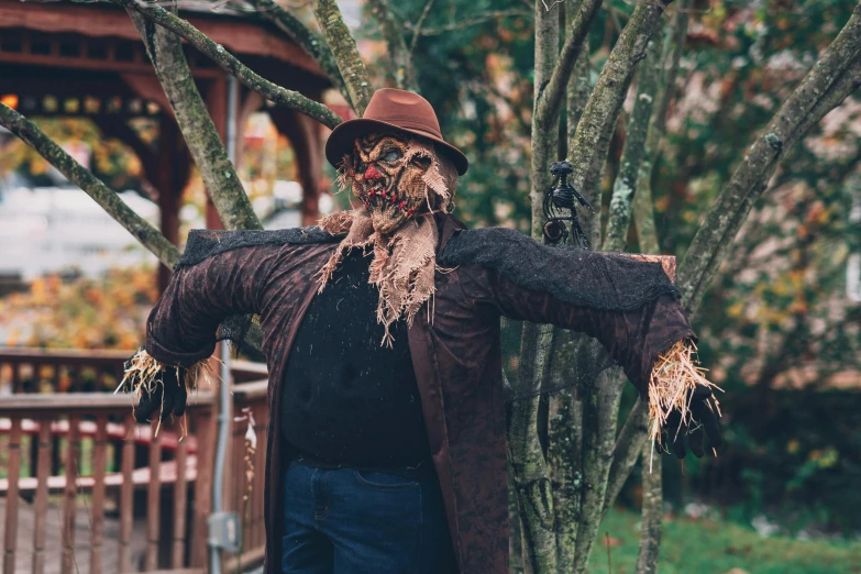 a scare that is standing next to a tree, pexels, lowbrow, powerful male scarecrow, brown, freddy krueger style, avatar image