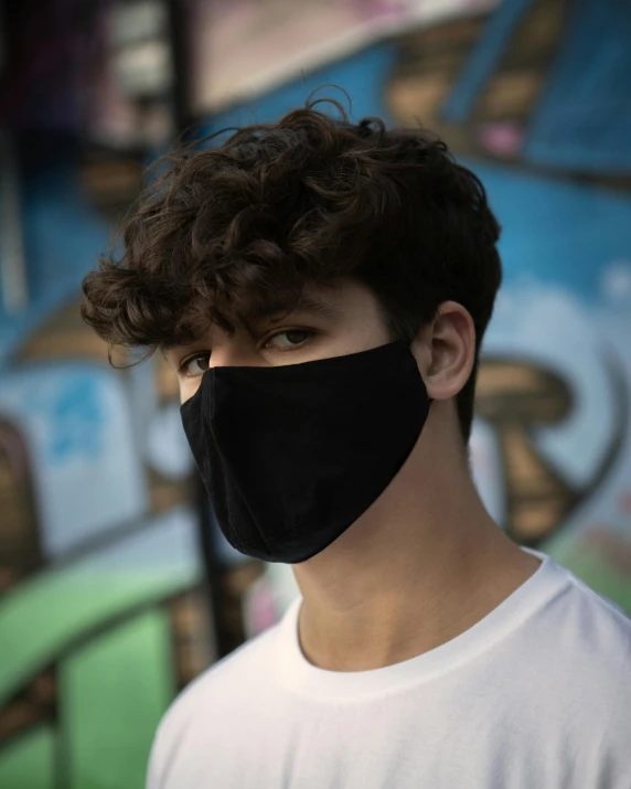 a young man wearing a black face mask, by Adam Rex, lgbt, blank, profile image, close up portrait photo