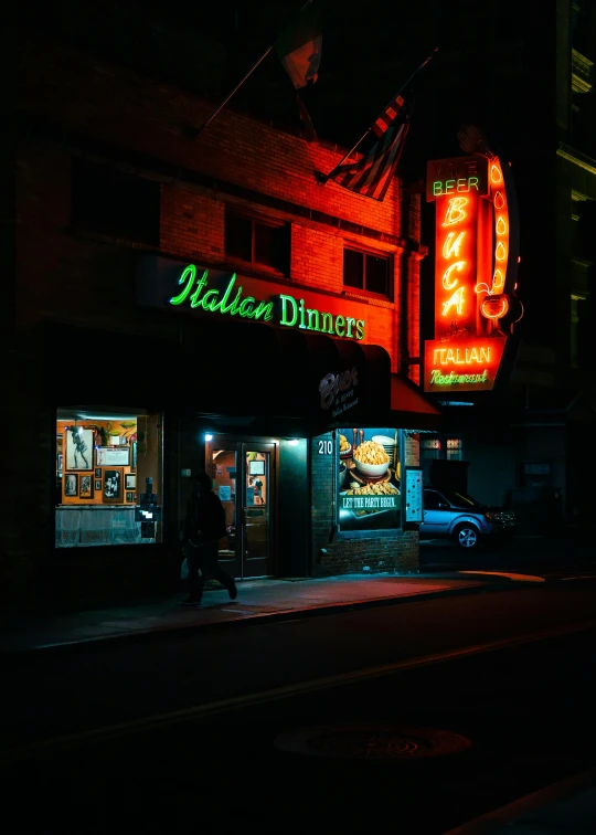 a restaurant lit up at night on a city street, a photo, inspired by Elsa Bleda, unsplash contest winner, hyperrealism, walton's five and dime, haida, green neon signs, 1960s color photograph