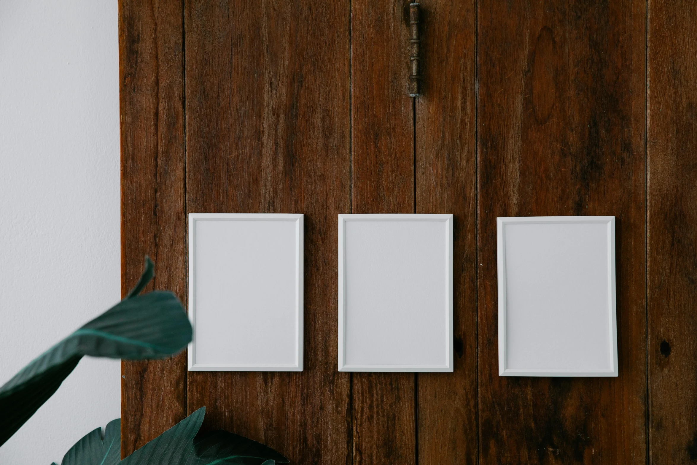 a clock mounted to the side of a wooden wall, a minimalist painting, by Évariste Vital Luminais, pexels contest winner, triptych, whiteboards, card frame, wearing white cloths