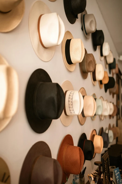 a wall that has a bunch of hats on it, a picture, trending on unsplash, leather, beautifully soft lit, top hat, museum