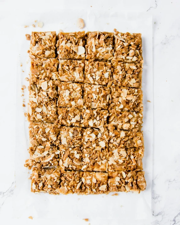 a close up of a tray of granola bars, dau-al-set, square shapes, thumbnail, flatlay, cake