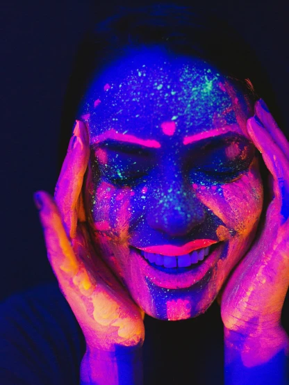 a woman with black light on her face, trending on pexels, holography, happy colours, glitter gif, colorful]”, ( colorful )