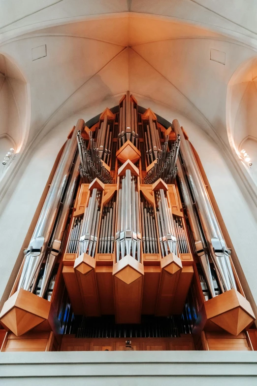 a large pipe organ sitting inside of a church, an album cover, inspired by Bryan Organ, unsplash, modernism, norway, two horns, frank gehry, front face
