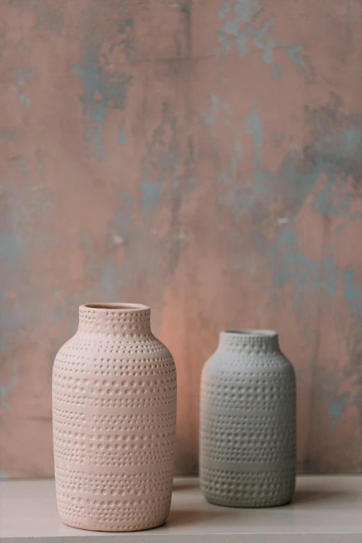 a couple of vases sitting on top of a table, a picture, unsplash, minimalism, pastel texture, intricate detailing, full product shot, brick