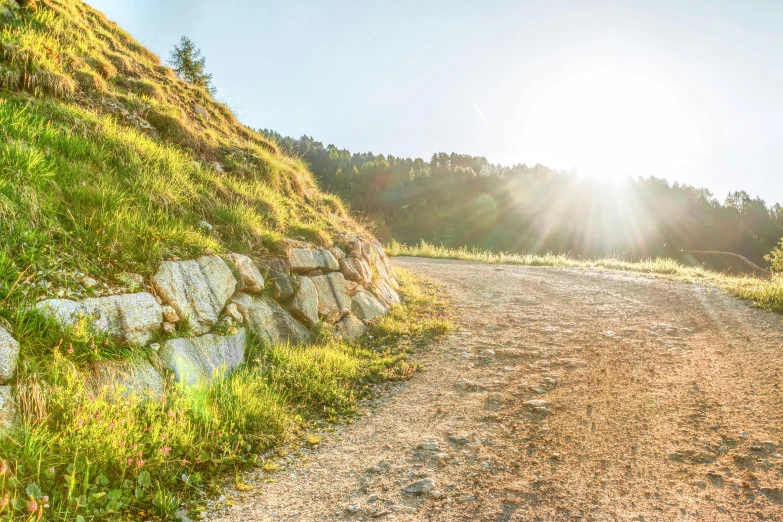 a dirt road going up a hill on a sunny day, a picture, by Thomas Häfner, unsplash, happening, sunflare, natural stone road, panoramic, fan favorite