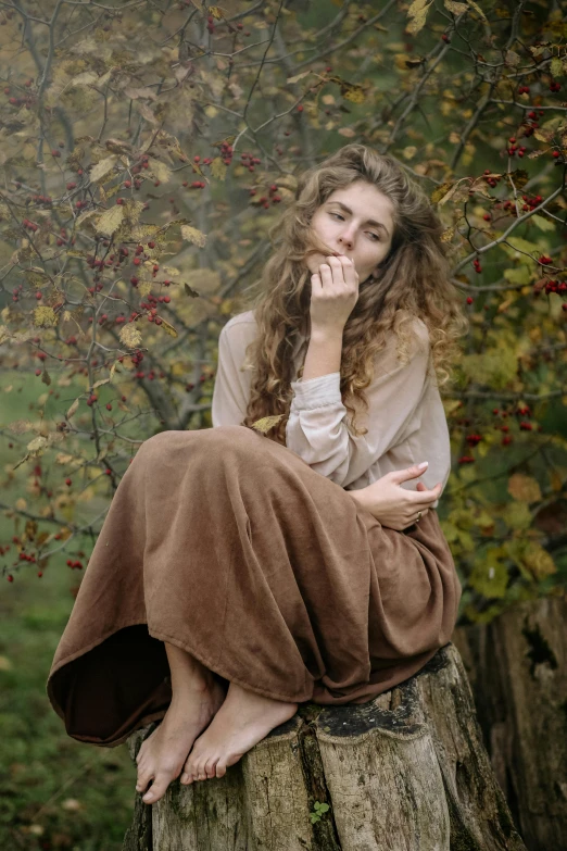 a woman sitting on top of a tree stump, inspired by Anka Zhuravleva, renaissance, long brown puffy curly hair, brown clothes, promo image, thoughtful )