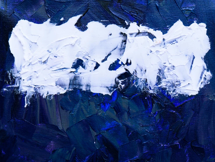 a painting with white paint on a blue background, inspired by Yves Klein, trending on unsplash, abstract expressionism, icy mountains, dark blue, middle close up, shoreline