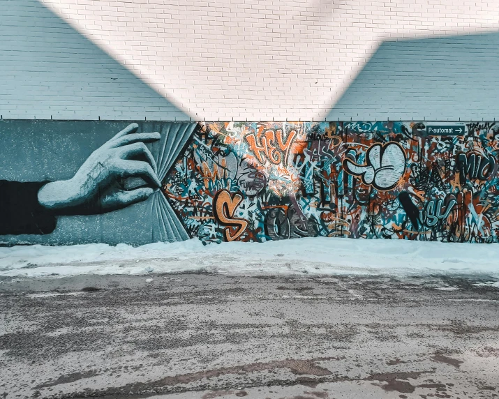 a person standing in front of a wall covered in graffiti, graffiti art, by Andrée Ruellan, pexels contest winner, street art, background image, montreal, hand photography