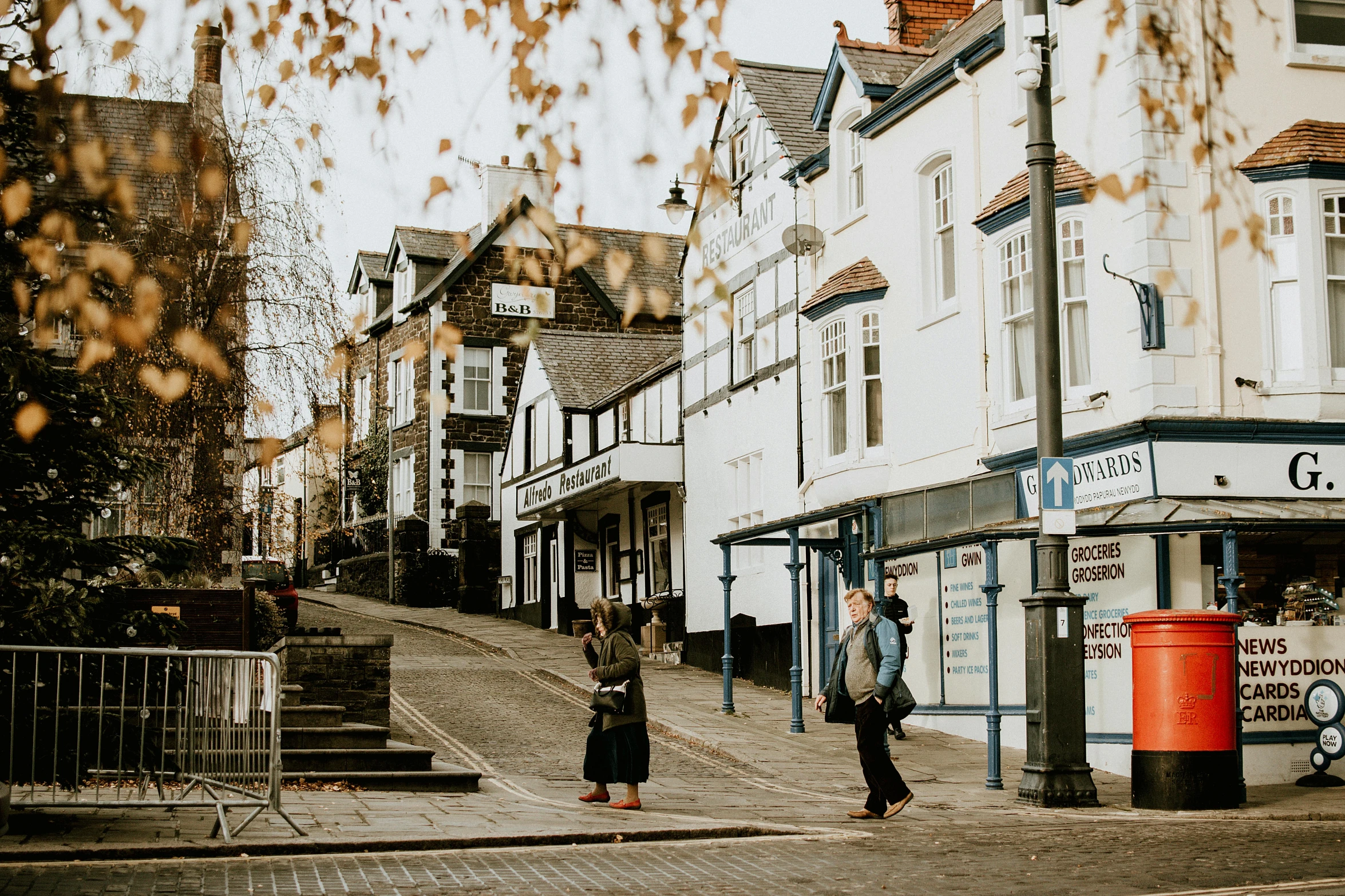 a couple of people walking down a street, by Kev Walker, pexels contest winner, arts and crafts movement, black mountains, square, terraced, fall season