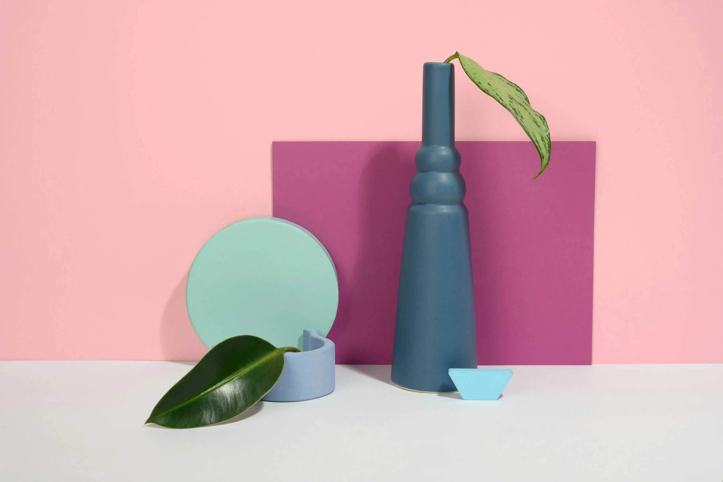 a vase sitting on top of a table next to a plant, a still life, inspired by Giorgio Morandi, minimalism, cyan and magenta, solid colours material, canopee, various sizes